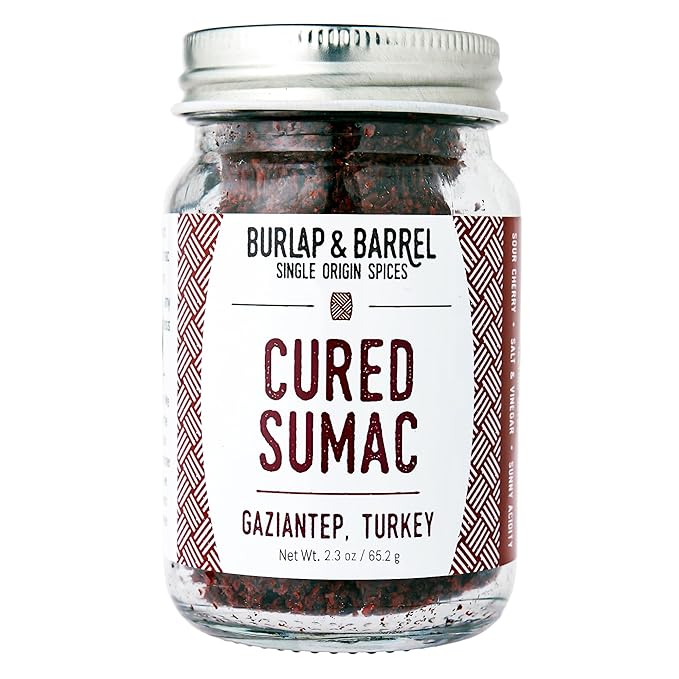 Burlap & Barrel Cured Sumac - Bright, Sour, Salty, Slightly Fermented Spice - Ground Sumac for Cooking - Savory Tartness - As Seen On Shark Tank - 2.3oz Glass Jar