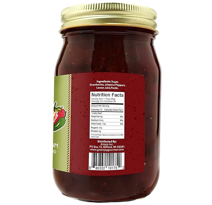Green Jay Gourmet Strawberry Jalapeno Jam - All-Natural Strawberry Jam with Fresh Strawberries, Jalapeno Peppers & Lemon Juice - Vegan, Gluten-free Jam w/ No Preservatives - Made in USA - 2 x 20 Ounce