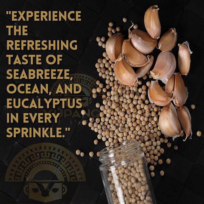 White Pepper Grinder with Fermented white peppercorns Whole Organic Peppercorns YUPANQUI - Gourmet Peppercorn Grinder with Seabreeze hints for MEDITERRANEAN CUISINE, Refillable Pepper Mill 3.5oz