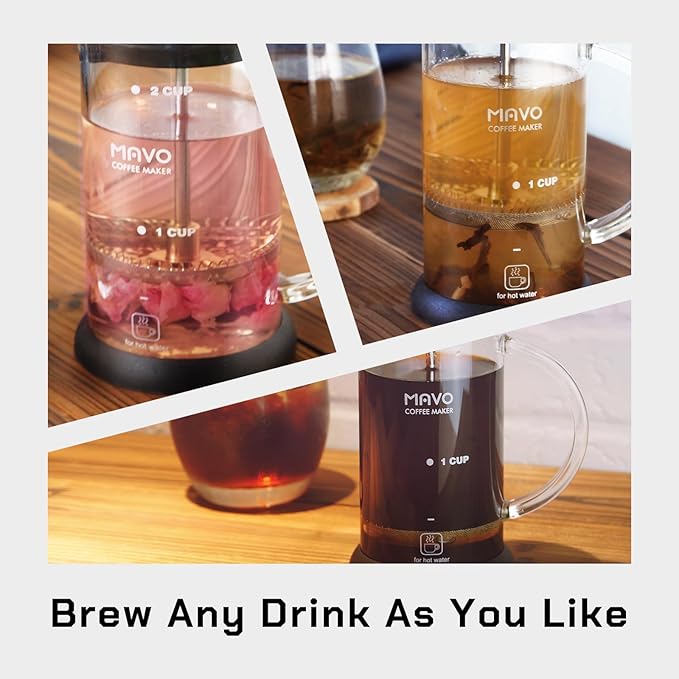 French Press Coffee Maker Stainless Steel Cold Brew Heat Resistant Glass Coffee & Tea Maker with 2 Filter (600ml/20oz)