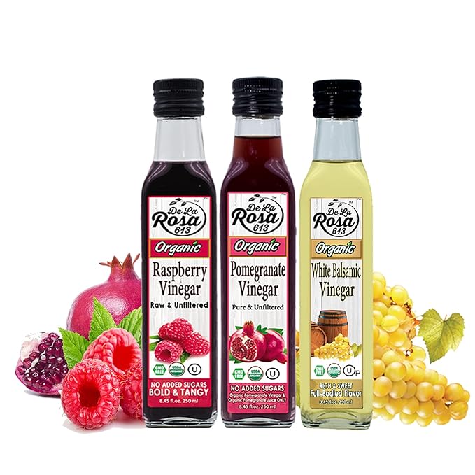 De La Rosa Raspberry, Pomegranate & White Balsamic Vinegar, Vegan, Kosher, Non-GMO & Gluten Free, Great for Salad Dressing & More 8.45 Oz (Pack of 3)