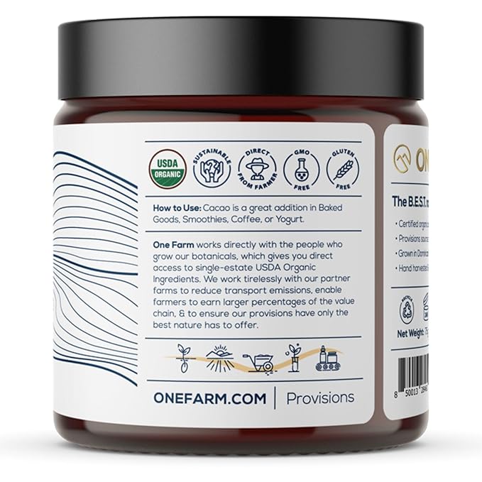 One Farm by WAAYB Organic Cacao, Single Estate, Non-GMO, Fair-Trade, Vegan, Gluten Free, 100% Raw Rizek Cacao in Resealable Bag for Cooking, Smoothies, Lattes & Baking (2.6 oz Jar, Powder)