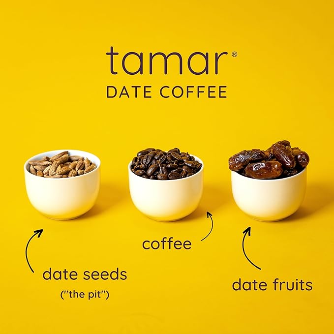 Tamar Date Coffee | Organic Ground Blend of Coffee & Whole Dates | Low Acid | Half Caffeine | Nutrient Rich | Boost of Energy | Medium Roast | 12oz bag