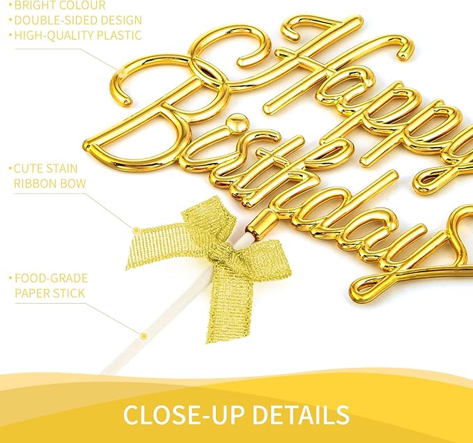 Gold Cursive Happy Birthday Cake Topper Plastic - 3D Double Sided Happy Birthday Sign for Cake with Bow, Idea for Cake Decoration (LIGHT GOLD)