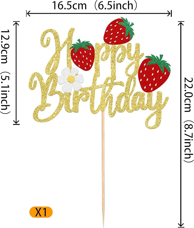 1 Pack Happy Birthday Cake Topper Glitter Strawberry Cake Pick for Fruit Theme Baby Shower Kids Birthday Party Strawberry Fruit Party Cake Decorations Supplies Gold