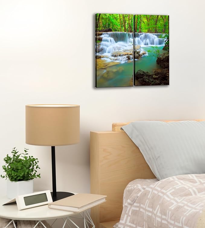 Waterfall Canvas Wall Art Decor - 2 Piece Set, Decorative Multi Panel Split Prints - Forest Landscape Picture for Living Room, Kitchen, Bedroom, Office & Home Decor Gift