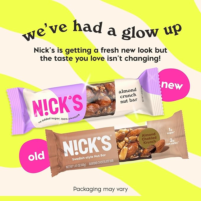 NICK'S Almond Chocolate Snack Bar, Keto Nut Snack for Sports, Hiking, Gaming, Outdoor Activities, 1G sugar, 3G net carbs, healthy snack, (pack of 30)