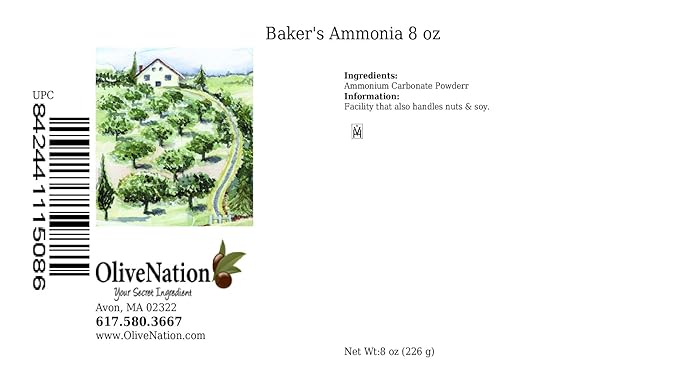 OliveNation Baking Ammonia Powder, Powdered Ammonium Carbonate, Traditional Leavening Agent for Crispy Cookies, Crackers, Non-GMO, Gluten Free, Kosher, Vegan - 8 ounces