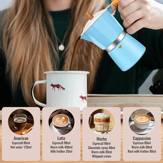 3 Cup Aluminum Moka Pot Classic Stovetop Espresso Coffee Maker 150ml 5oz Coffeemaker Percolator Mocha Pot Greca Coffee Maker Cafe Makers for Italian and Cuban Cafì±?Brewing Blue