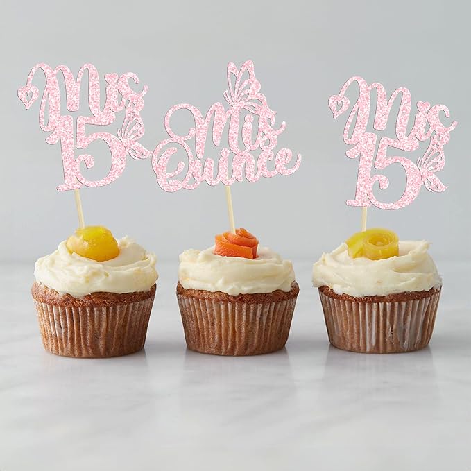 Gyufise 24Pcs Mis Quince 15 Cupcake Toppers Glitter 15th Birthday Cake Toppers Fifteen Dessert Decor Cheers to 15 Years Party Decorations Light Pink