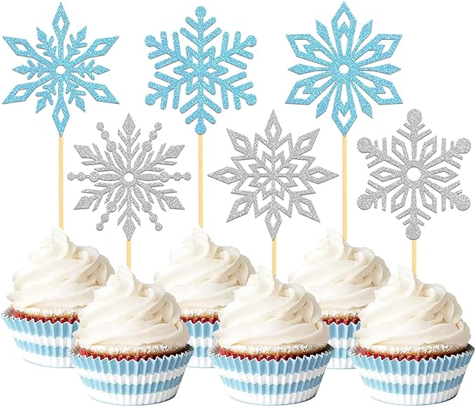 24PCS Glitter Snowflake Cupcake Toppers for Snowflake Decorations, Frozen Snowflake Cake Topper, Christmas Snowflake Cake Picks for Winter Decorations (Blue)