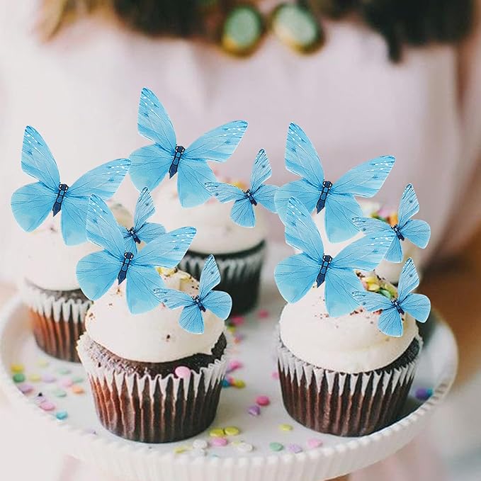 72PCS Edible Butterfly Cupcake Toppers Butterfly Cupcake Picks Edible Butterfly Cupcake Decorations for Butterfly Theme Baby Shower Kids Birthday Party Cake Decorations Supplies Blue
