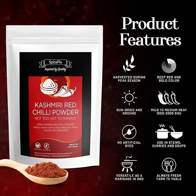 SpiceFix - Kashmiri Red Chilli Powder, Mild to Medium Heat Sun-Dried Indian Red Chili Powder, Natural Ground Vegan Kashmiri Spice in a Resealable Bag, 7 Ounces