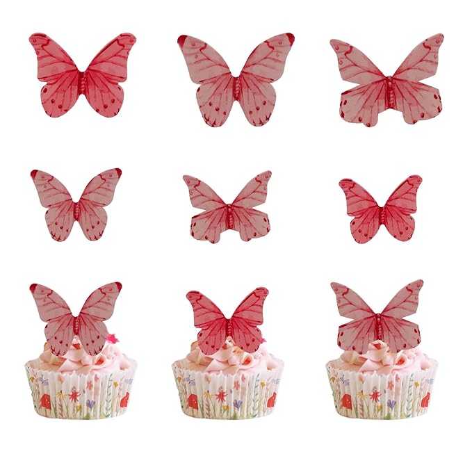 40Pcs Edible Wafer Paper Butterfly Cupcake Toppers 3D Cake Realistic Pastel Butterfly Decoration for Birthday Party Wedding Food Decorations - Pink