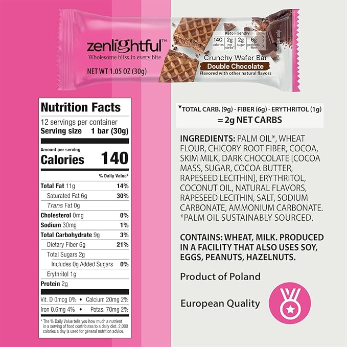 Zenlightful Double Chocolate Wafer Cookies, Low Carb, Low Sugar, Keto Friendly Healthy Snacks, Only 140 Calories, High Fiber, Vegetarian, Non-GMO, 12 Count