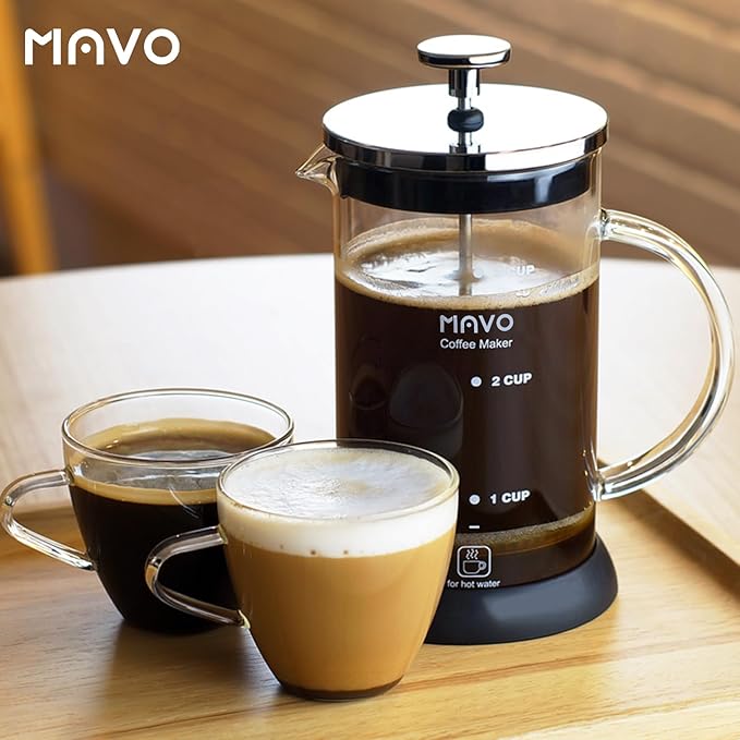 French Press Coffee Maker Stainless Steel Cold Brew Heat Resistant Glass Coffee & Tea Maker with 2 Filter (600ml/20oz)