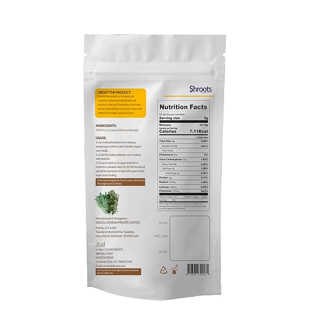 SHROOTS Dehydrated Curry Leaves Pure Vegetarian Gluten-Free No Added Salt Flavorful Kitchen Essential Machine Dried Vegetables with Natural Aroma Perfect for Everyday Cooking - 1.76 oz, Pack of 1