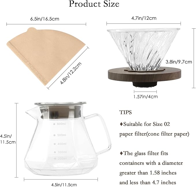 Pour Over Coffee Maker, 20 oz Borosilicate Glass Carafe with 100 pcs V60 Paper Filter by Gsform, Walnut Handle & Glass Lid, Drip Coffee Maker for Home Caf챕 Restaurant Camping, 600 ml, Clear