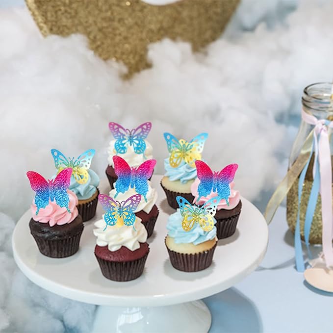 Gyufise 36Pcs Butterfly Cupcake Toppers Lively Art 3D Butterfly Cupcake Decorations Butterfly Cake Toppers Baby Shower Wedding Anniversary Kids Birthday Party Cake Wall Decorations Supplies Colorful