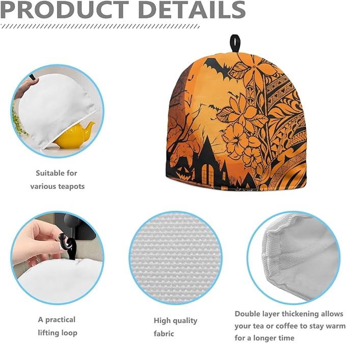 Halloween Tea Cozy for Teapot Samoa Polynesian Style Tea Cosy Fabric Quilted Padding & Heat-Proof Teapot Cover Customized Soft Tea Cozy for Household Kitchen