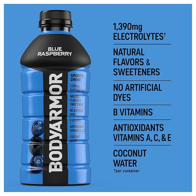BODYARMOR Sports Drink Sports Beverage, Blue Raspberry, Coconut Water Hydration, Natural Flavors With Vitamins, Potassium-Packed Electrolytes, Perfect For Athletes, 28 Fl Oz (Pack of 15)