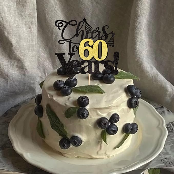 Rsstarxi 1 Pack Cheers to 60 Years Cake Topper Black Glitter Sixty Years Old 60th Birthday Cake Pick Decorations for 60th Birthday Wedding Anniversary Party Supplies