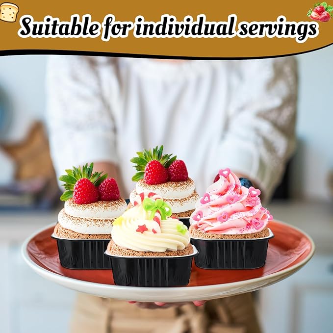 Aoriher 150 Pieces 10 oz Mini Cake Pans with Lids Aluminum Foil Baking Cups Square Disposable 4" x 4" Large Cupcake Cups Baking Tins for Kitchen Brownie Pudding Desserts Holders(Black)