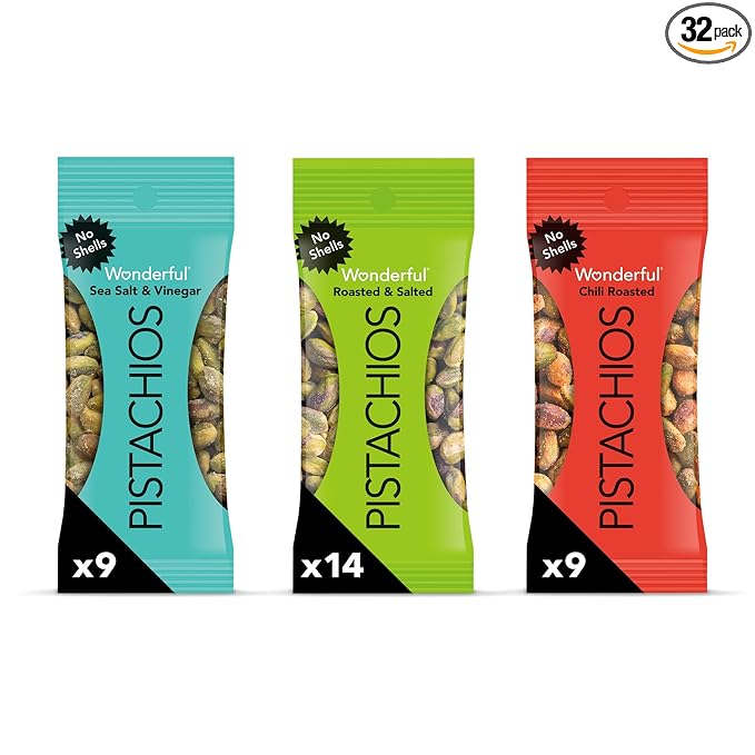 Wonderful Pistachios No Shells, 3 Flavors Mixed Variety Pack of 32 (0.75 Ounce), Roasted & Salted Nuts (14), Chili Roasted (9), Sea Salt & Vinegar (9), Protein Snacks, Gluten Free, Bulk Snacks, Boo Basket Stuffers