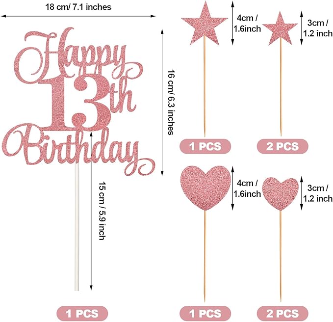 13th Birthday Cake Decorations Set Include Digital Candles 1&3 Numeral 13 Cake Candles and Happy 13th Birthday Cake Toppers with Heart Star Cupcake Picks for Birthday Party Supplies (Rose Gold Series)