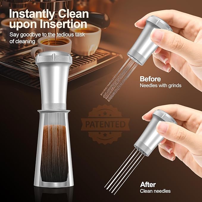 WDT Espresso Stirrer, Espresso Distribution Tool with Self Cleaning Brush, 10 x 0.35mm WDT Needles and Extra 10 Needles for Espresso Distributor, Aluminum Handle with Stand for Barista