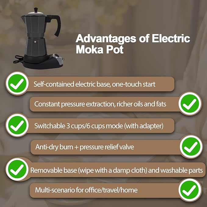 Aluminum Electric Moka Pot 5-6 Cup 270ml Express Coffee Maker Stovetop Espresso Portable Coffeemaker Italian Classic Brewing Greca Cafe Mocha with Removable Base and Overheating Protection Machine
