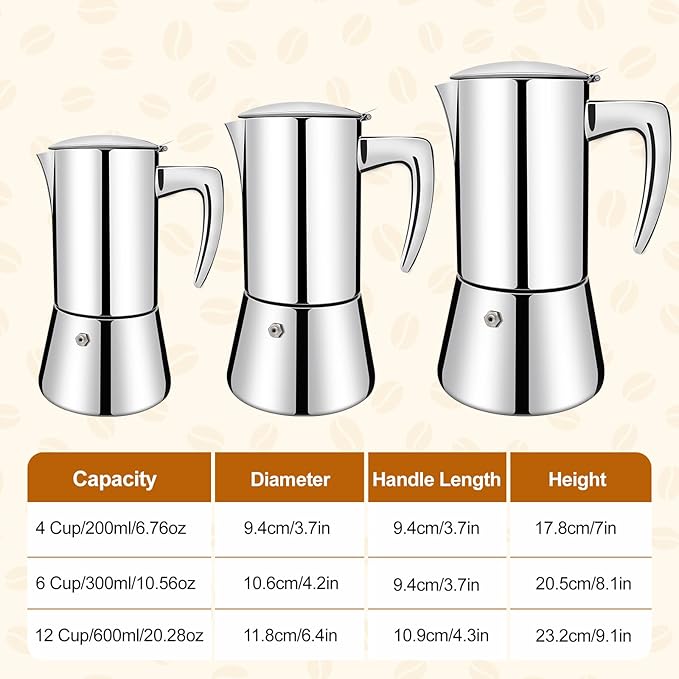 No Coating 6 Cup Thickened 304 Stainless Steel Moka Pot Stovetop Espresso Maker Italian Coffee Machine 300ml 10.1oz Suitable for Gas Induction Stovetop Greca Coffee Maker Percolator