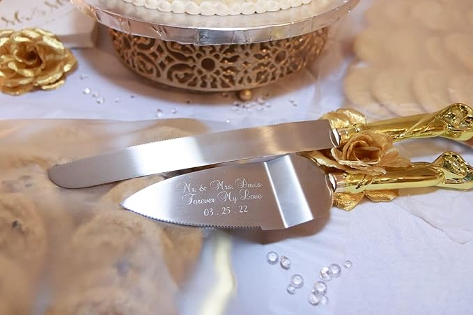 GIFTS INFINITY® Personalized Gold Interlock Hearts Wedding Cake Knife and Server Set Free Engraving (2536) - Valentine's Day Gift
