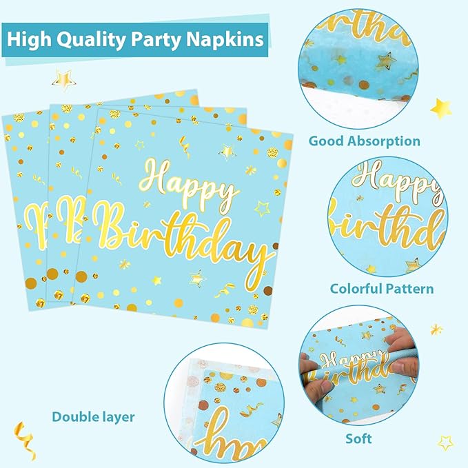 96PCS Blue Birthday Plates and Napkins Birthday Party Decorations Light Blue and Gold Dessert Plates Tableware for 24 Guests Kids Party Supplies