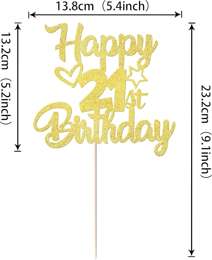 1 Pack Happy 21st Birthday Cake Topper - Glitter Heart Star 21 Fabulous Cake Pick - Black