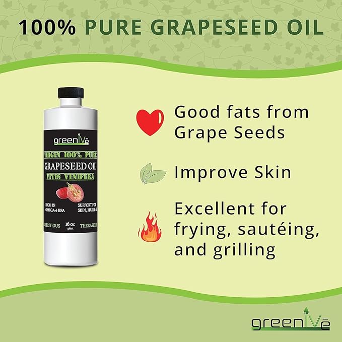 GreenIVe Grapeseed Oil Organically Grown 100% Pure Cold Pressed Light Flavor High Tempurature Cooking (473 ml GLASS)