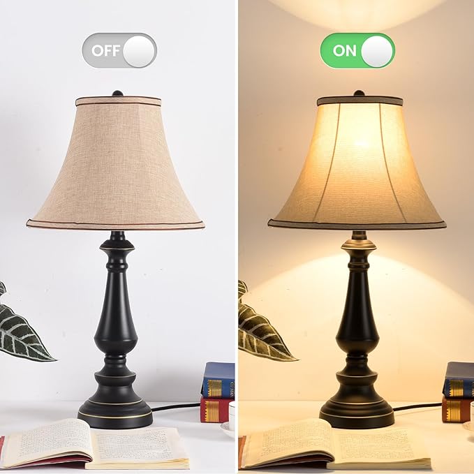 3-Piece Lamp Set (Table & Floor), Black Finish Vintage Brown Fabric Shades for Bedroom