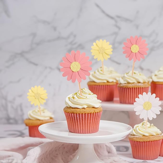 24Pcs Daisy Cupcake Toppers Glitter Flower Daisy Cake Decorations Chrysanthemum Cupcake Toppers Spring Daisy Flower Cake Picks for Birthday Wedding Supplies Multi 2