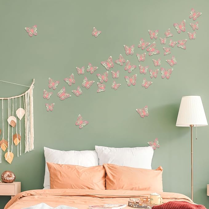 72 Pcs Butterfly Decorations, Wall Decor, Butterflies for Crafts, Cake Decorating, Wall Stickers Room Decor, Laser Pink(Polarised Green)