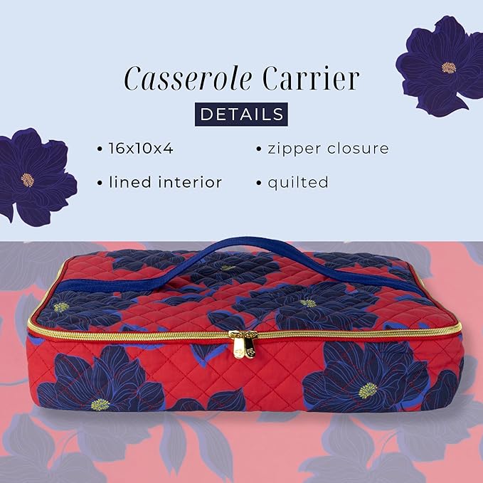 Draper James Insulated Casserole Carrier for Hot and Cold, Quilted with Handle for 16x10 Pan (Magnolia Shadows Red)