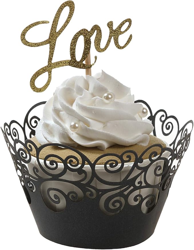Cupcake Wrappers, KPOSIYA 50 Pack Cupcake Wraps Filigree Artistic Bake Cake Paper Cup Little Vine Laser Cut Liner Baking Cups Muffin Case Trays for Wedding Party Birthday Decoration (50, Black)