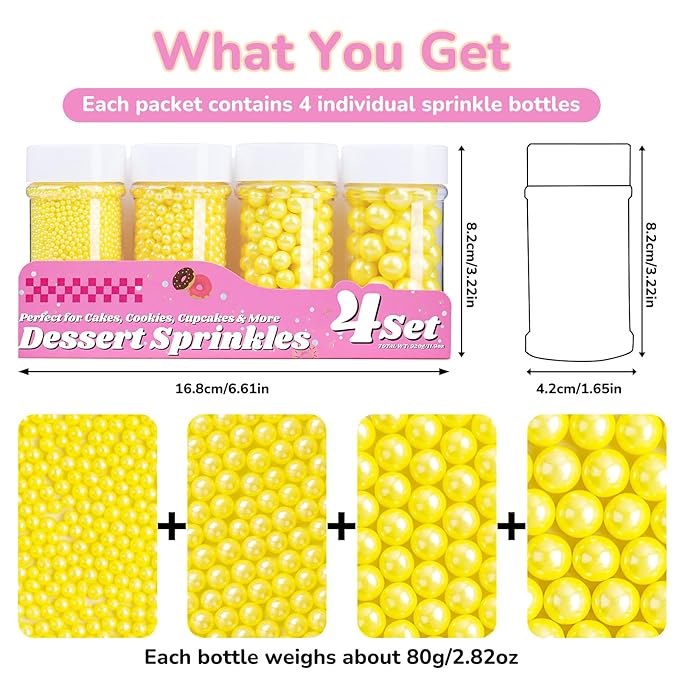 Yellow Pearl Sprinkles for Cake Decorating, 11.3 Oz Edible Pearls Sugar 4 Sizes Gift Box Set for Baking Cookie Ice Cream Cupcake Toppings
