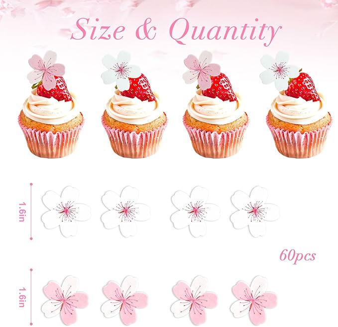 60pcs Edible Flowers Cake Decorations ??Edible Flowers Cherry Blossoms Cake Topper Cupcake Toppers Decorations Wafer Paper, Flower Cupcake Toppers for Wedding Birthday Party