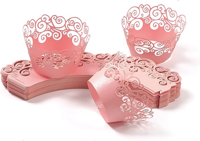 Cupcake Wrappers, KPOSIYA 50 Pack Cupcake Wraps Filigree Artistic Bake Cake Paper Cup Little Vine Laser Cut Liner Baking Cups Muffin Case Trays for Wedding Party Birthday Decoration (50, Pink)