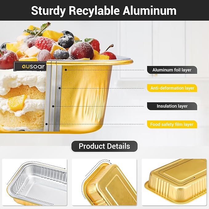 EUSOAR Creme Brulee Ramekins Disposable, Gold 20oz 50pcs Aluminum Foil Mini Cake Bread Pans, Muffin Baking Cups with Lids for Baking, Square Cupcake Pans, Muffin Liners Cups Dessert Containers