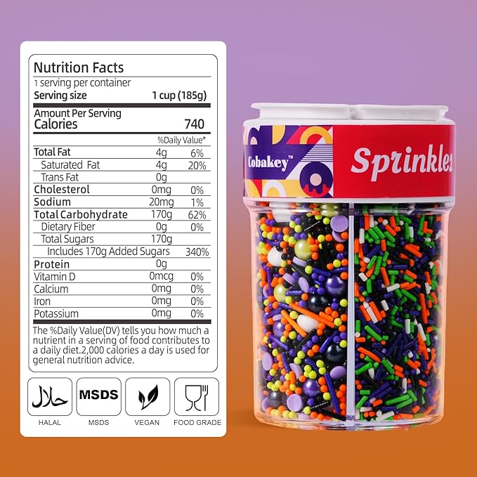 Halloween Sprinkles 4 Cell Edible Candy Eyeball Mix Orange Black Purple Green Sprinkle Jimmies Nonpareils Perfect for Cake Decorations Baking Ice Cream Cookies Cupcake Topper 6.5OZ