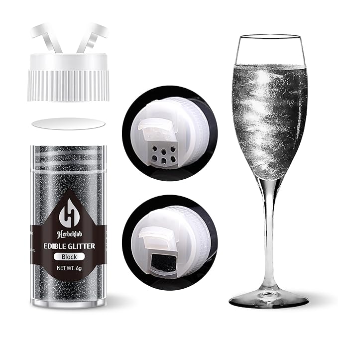 Black Edible Glitter ??6g Luster Dust Drink Glitter, Food Grade Shimmer Powder for Cocktails, Cakes, Beverages, Chocolate & Candy