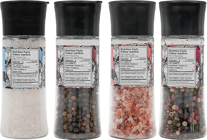 Soeos Spice Seasoning Set of 4, 9.8oz(277.82g), With Integrated Grinders, Salt and Pepper Grinder Set, Pure and Fresh Perfect for BBQ Seasoning Gift Set, Grilling Spice, Herb, Spice & Seasoning Gifts
