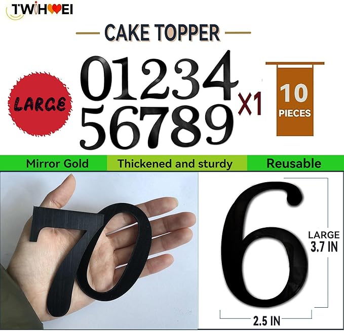 Big 3.7 IN 0-9 Black Birthday Number Cake Toppers Large Black Acrylic Happy Anniversary Cake Topper Sticks For Diy Handmade Cake Sign Decorations 10 Pcs Cupcake Topper Party Supplies Set