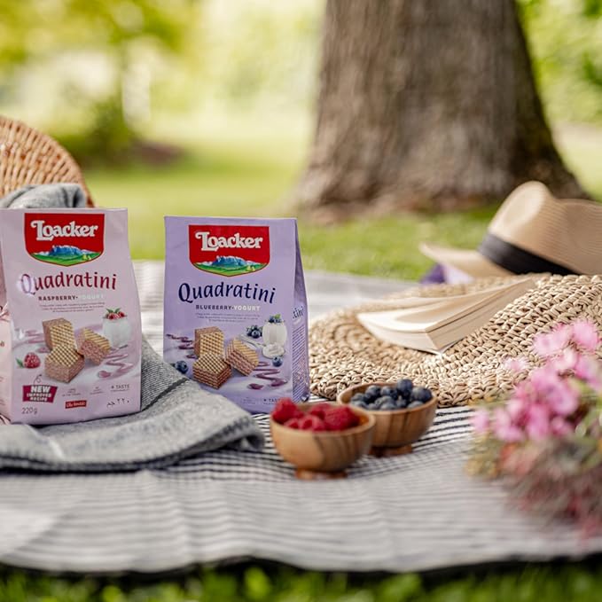 Loacker Quadratini Blueberry Yogurt Wafer Cookies LARGE - 30% Less Sugar - Premium Crispy Bite Size Wafers - LARGE Pack of 6